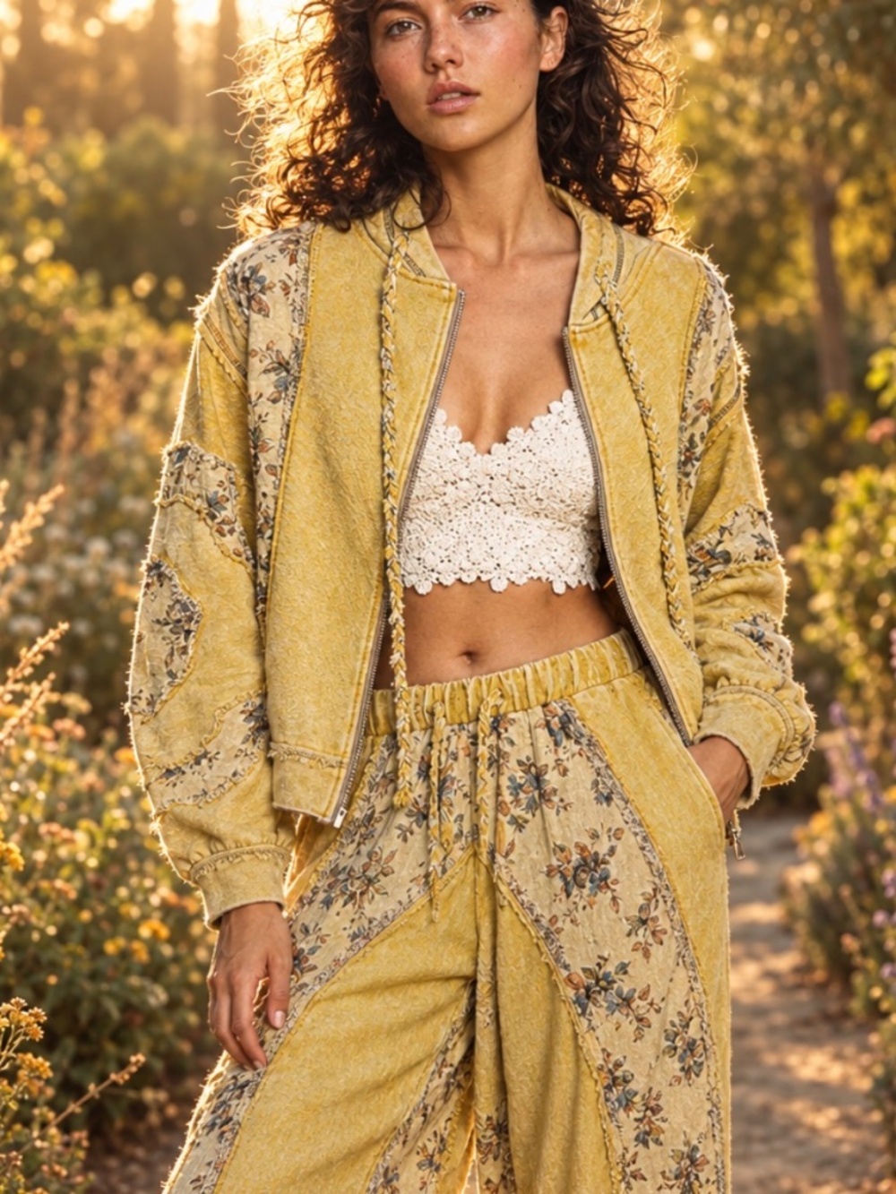 POL Mineral Wash Yellow Floral patchwork Zip up Hoodie Top